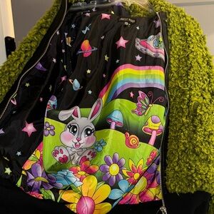Current Mood Green Sherpa Jacket Colorful Bunny Mushroom Alien Flower Lining